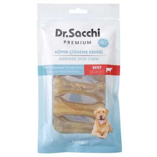 Dr.Sacchi Premium Sığır Etli Doğal Sığır Derisi Press Kemik Tahılsız Köpek Ödülü 3'' 5'li 100gr