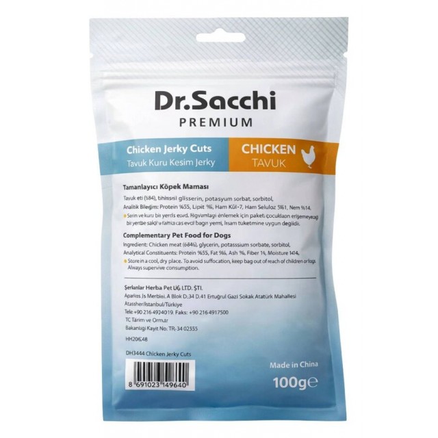 Dr.Sacchi Premium Tavuk Kuru Kesim Jerky Tahılsız Köpek Ödülü 100gr