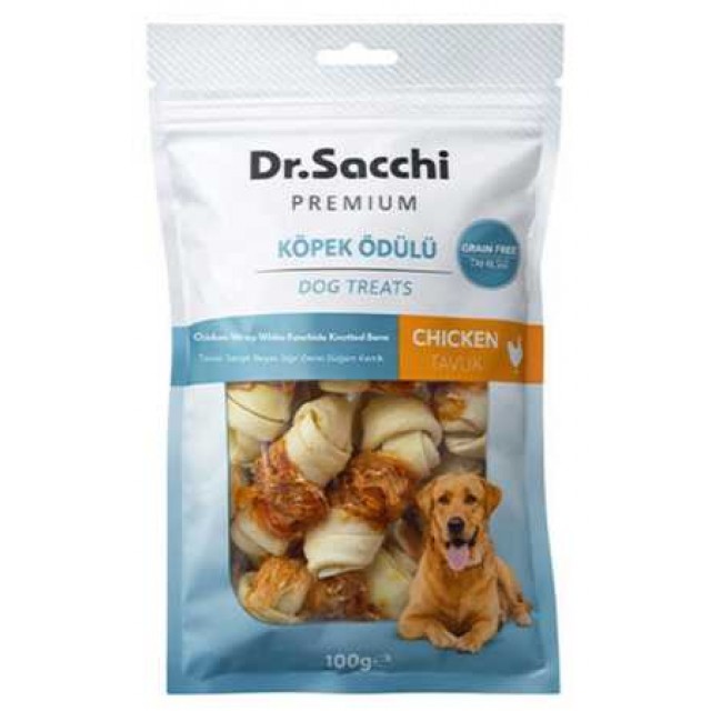 Dr.Sacchi Premium Tavuk Sargılı Beyaz Sığır Derisi Düğüm Kemik Tahılsız Köpek Ödülü 2” 8'li 100gr