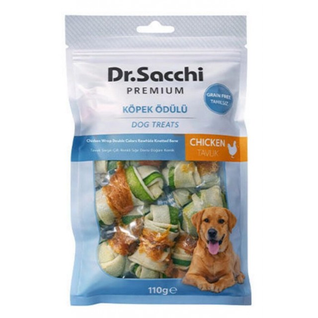 Dr.Sacchi Premium Tavuk Sargılı Çift Renkli Sığır Derisi Düğüm Kemik Tahılsız Köpek Ödülü 2“ 8'li 110gr