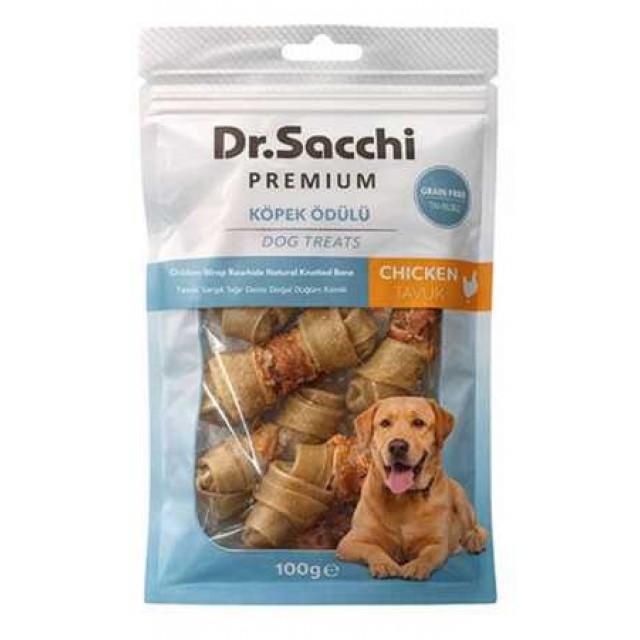 Dr.Sacchi Premium Tavuk Sargılı Sığır Derisi Doğal Düğüm Kemik Tahılsız Köpek Ödülü 2“ 8'li 100gr