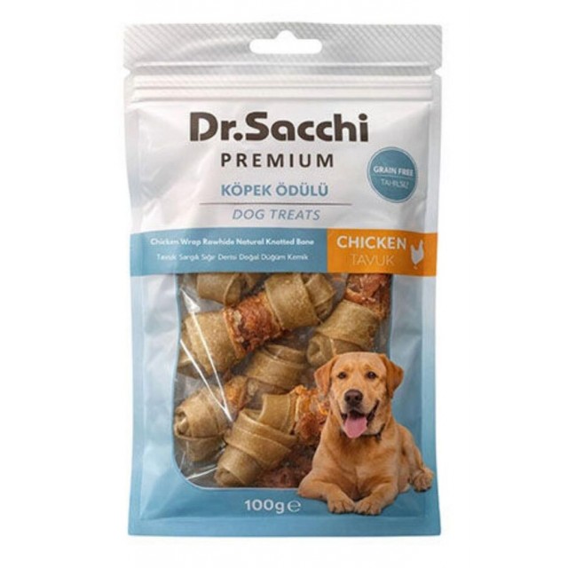 Dr.Sacchi Premium Tavuk Sargılı Sığır Derisi Doğal Düğüm Kemik Tahılsız Köpek Ödülü 2“ 8'li 100gr