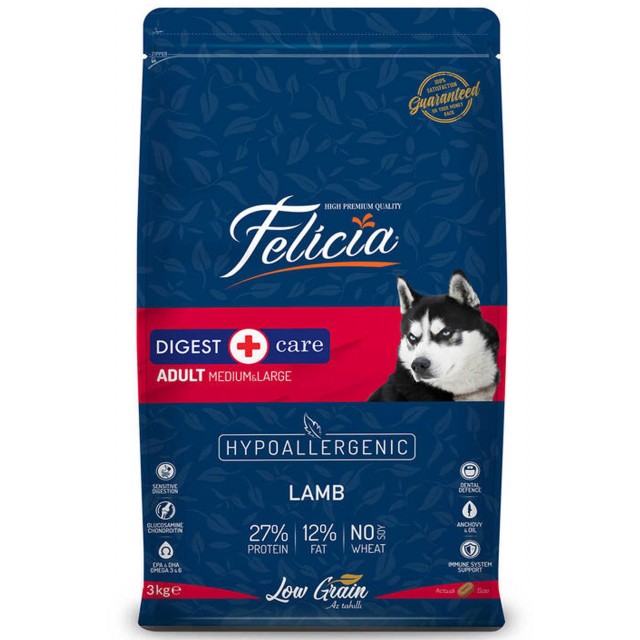 Felicia Düşük Tahıllı Hipoalerjenik Kuzu Etli Orta ve Büyük Irk Yetişkin Köpek Maması 3kg