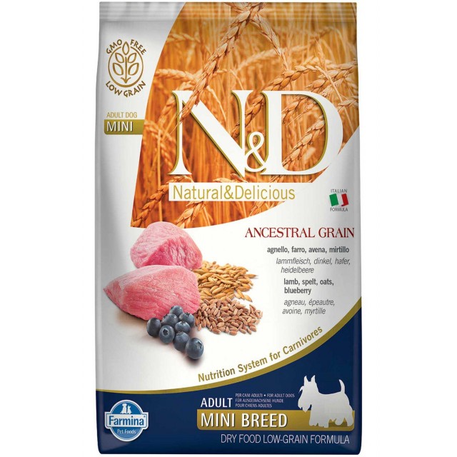 ND Ancestral Grain Düşük Tahıllı Kuzu Eti ve Yaban Mersinli Küçük Irk Yetişkin Köpek Maması 7kg