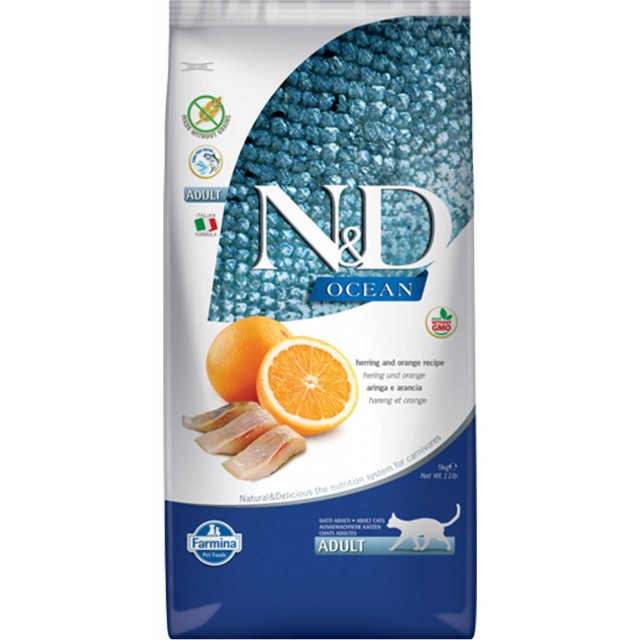 ND Ocean Tahılsız Ringa Balığı ve Portakallı Yetişkin Kedi Maması 5kg