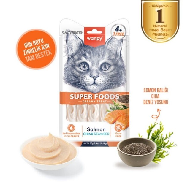 Wanpy Superfood Somonlu Chia ve Deniz Yosunlu Krema Kedi Ödülü 5×14gr