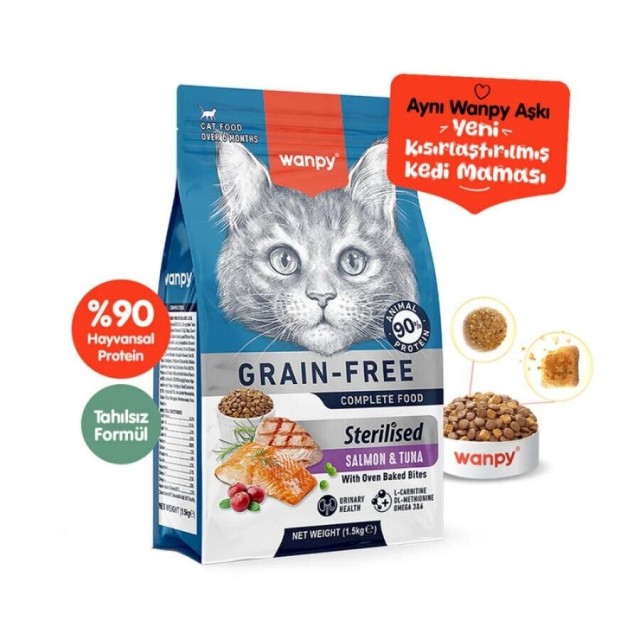 Wanpy Tahılsız Somon ve Tuna Balıklı Kısırlaştırılmış Kedi Maması 8kg