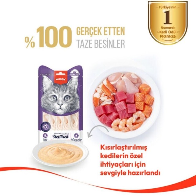 Wanpy Ton Balıklı ve Kızılcıklı Kısırlaştırılmış Kedi Krema Ödülü 5×14gr